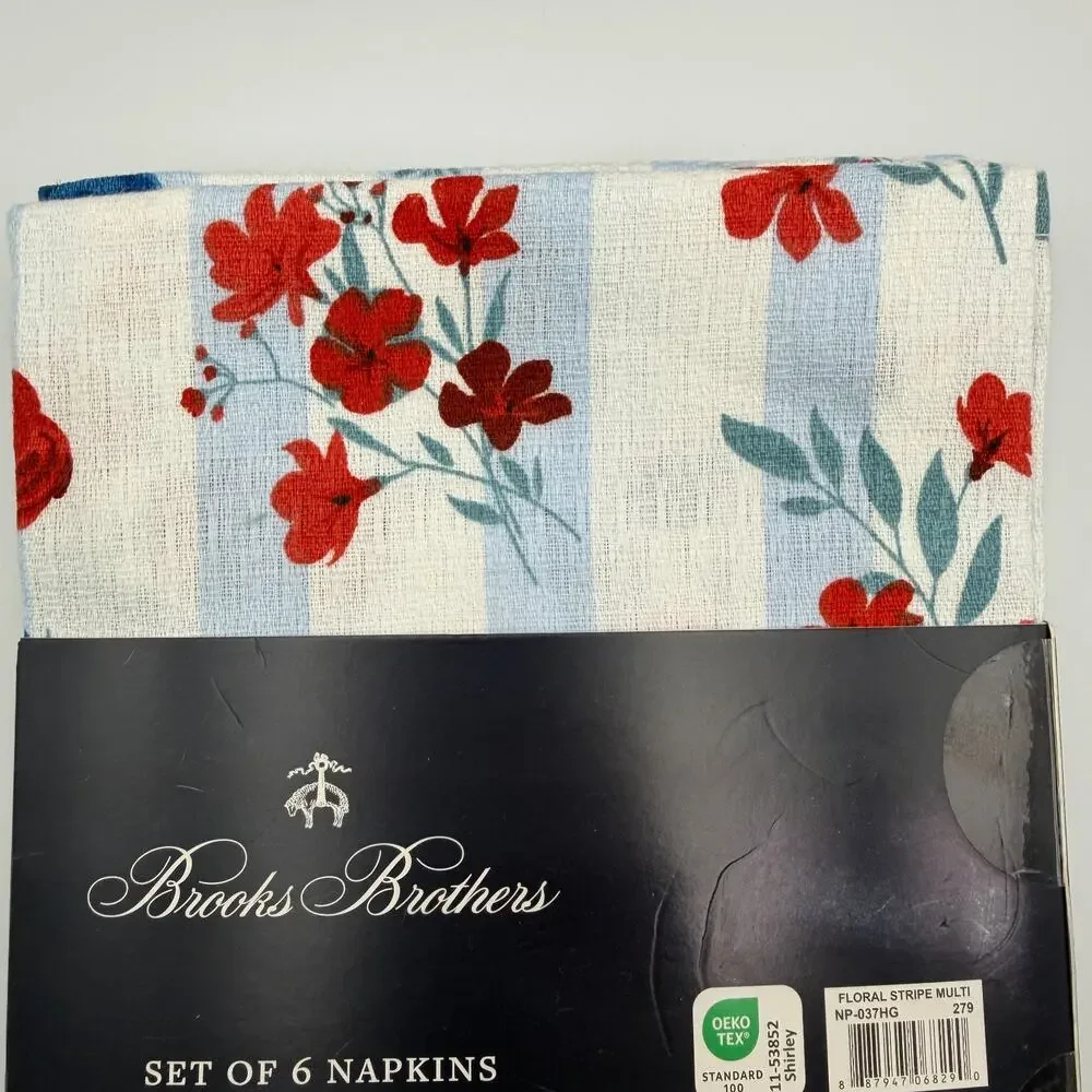 Brooks Brothers Set of 6 Cloth Napkins Floral Stripe Red White Blue 18x18 NWT